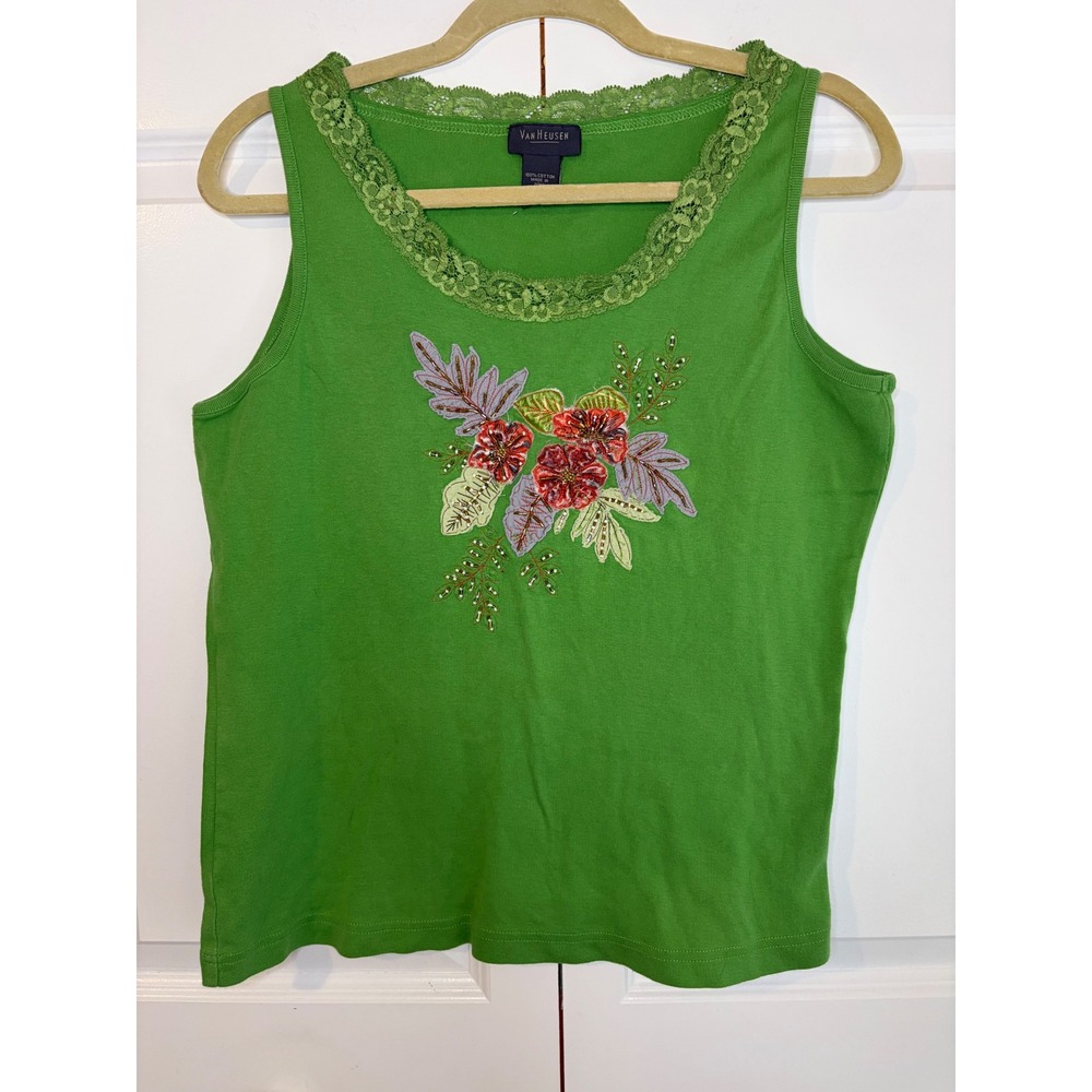 Van Heusen Vintage Y2K Green Sleeveless Tank Lace Floral Beaded Festival Wmn XL